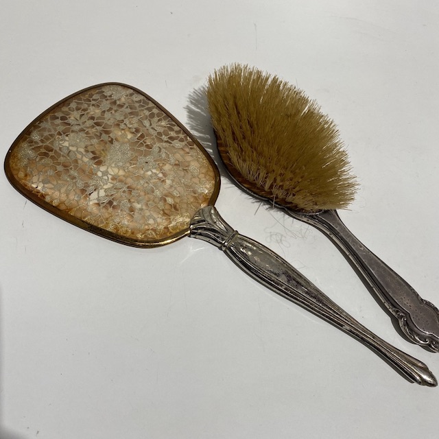 HAIR BRUSH & HAND MIRROR SET, Vintage Rust Silver Lace Back